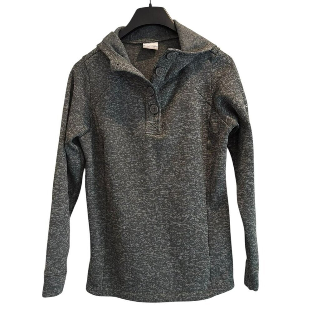 Columbia Sweater Henley Gray Hooded Buttons Heathered Long‎ Sleeve Womens Size M